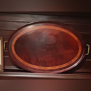 1894 - 1920 COWAN Chicago Brass & Mahogany Oval Serving Tray w/ Inlay A BEAUTY!
